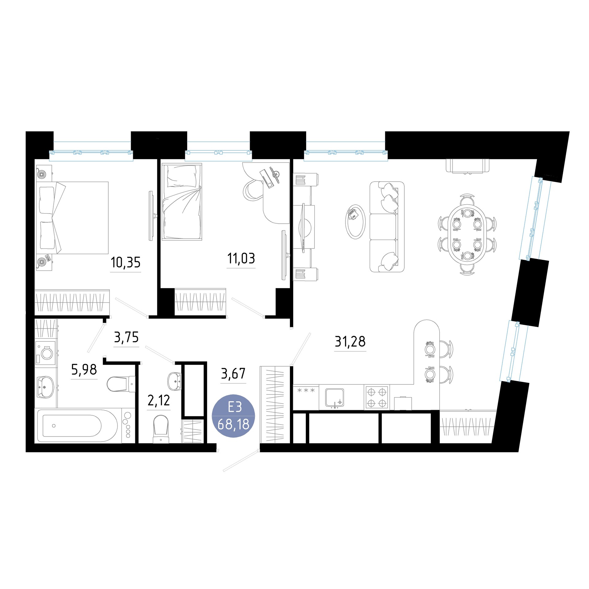 Квартира с двумя спальнями и гостиной 68м² (Евро-3)